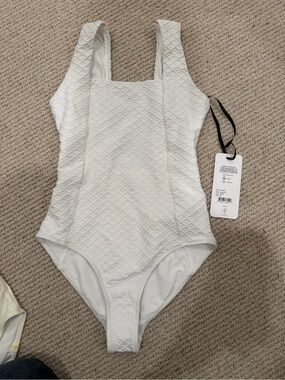 White Textured One-Piece Swimsuit Square Neck- never worn, with tags